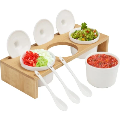 Afbeelding van Belle Vous Keramiek Condiment set met Lepels en Deksels 3 Kleine Containers Bamboe Opslag Standaard Ideaal Voor Saus, Dips, Specerijen, Kruiden, Snacks, Zout Peper, Huis &amp; Keuken