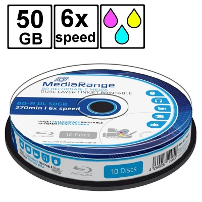 Afbeelding van BD R 50GB MEDIARANGE Blu Ray Recordable bedrukbaar 6x Speed Cakebox 10 stuks