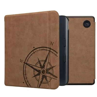 Afbeelding van kwmobile hoes geschikt voor Kobo Libra Colour Hoesje ereader in bruin Vintage Kompas design