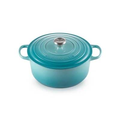 Afbeelding van LE CREUSET Kenmerkende geëmailleerde gietijzeren ronde braadpan met deksel, 28 cm, 6,7 liter, groenblauw, 211772817
