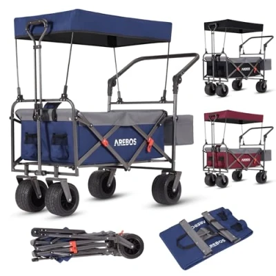 Afbeelding van Arebos Bolderkar Opvouwbaar met Dak Handkar Luchtbanden Handwagen XXL 100 kg 360 Draaibare Voorwielen Blauw