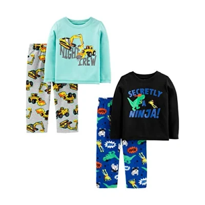 Afbeelding van Simple Joys by Carter&#039;s 4 delige pyjamaset voor jongens en peuters (katoenen top fleece onderkant), Aqua Blauwe Vrachtwagens/Zwarte Dinosuar/Kobaltblauw/Grijze Bouw, 5 jaar