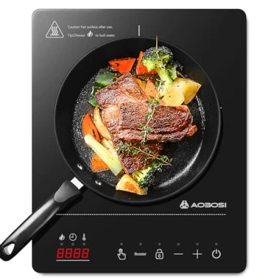 Afbeelding van Aobosi inductiekookplaat, 1 plaat, inductiekookplaat met boosterfunctie, 20 standen en temperatuurniveaus, compact formaat, 2000 W, draagbare 10H timer, zwart