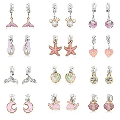 Afbeelding van Pinkgarden Oorclips voor kleine meisjes, zeemeermin oorbellen, schelpoorbellen, pareloorbellen kinderen, 12 paar, het beste cadeau, zinklegering