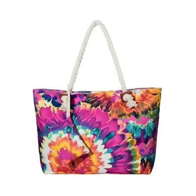 Afbeelding van Strandtas met ritssluiting 58 x 38 18 cm verenopdruk shopper schoudertas strandstijl, meerkleurig