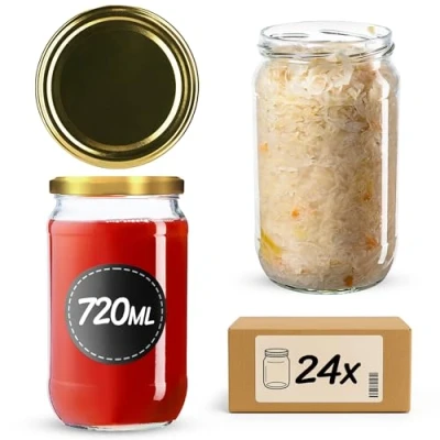 Afbeelding van KADAX Weckpotten, 720 ml, inmaakpotten voor schroefdeksel, jampot, voorraadpot, conservenglas, ronde potten (goud, 24 stuks)