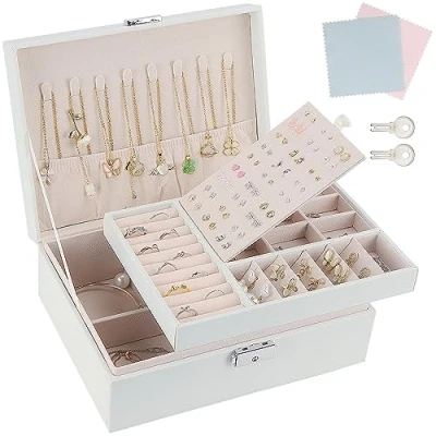 Afbeelding van TEIVUL Sieradendoos, 2 laags PU lederen sieradendoos organizer met sleutels en reinigingsdoek, geschikt voor ringen, oorbellen, kettingen, armbanden, accessoires, sieradendoosje, geschenken