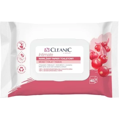 Afbeelding van Cleanic Intimate nat toiletpapier afwasbaar combinatie van papier en vochtige doek reinigt verfrist de intieme zone cranberry extract prebioticum 40 stuks