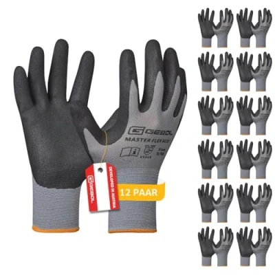Afbeelding van Gebol Master Flex Eco Set van 12 Werkhandschoenen met Nitril coating Veilige grip handschoenen voor werkplaats en tuin dames heren maat M (maat 8) grijs paar multipack