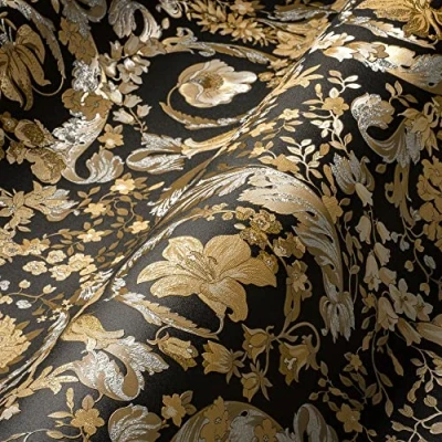 Afbeelding van SATIJN GLANZENDE KLASSIEKE BLOEMEN BEHANG Design goud zwart A.S. Création Versace 5