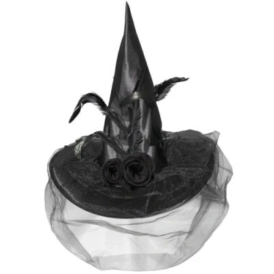 Afbeelding van Hatstar Halloween Heksenhoed, versierd met sluier, rozen en veren, accessoire voor je heksenkostuum, puntige hoed, hoofdtooi, carnaval (1 zwart)