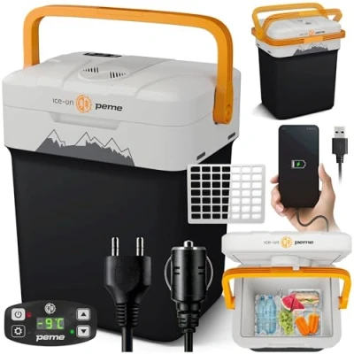 Afbeelding van peme Essential 26 L Adventure Orange Reiskoelkast met 12 V en 230 aansluiting Thermo elektrisch ECO modus AC/DC Voor verkoeling warmhouden