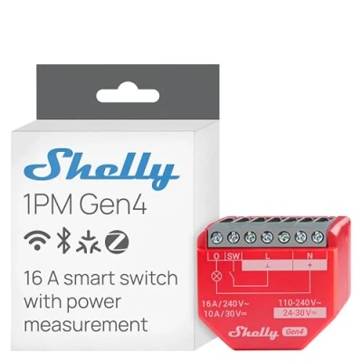 Afbeelding van Shelly 1PM Gen4 Slimme Schakelaar met Energiemeting Wi Fi, Bluetooth, Zigbee, Matter 16A Compact Formaat Geschikt voor Domotica Rood