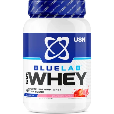 Afbeelding van USN Blue Lab Whey eiwitdrank in poeder, wei eiwitten &amp; BCAA, massaopname en herstel, post workout shaker, aardbeiensmaak, 908 g, NBLW02