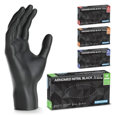 Afbeelding van ARNOMED wegwerphandschoenen zwart extra sterk, in M, 50% dikkere nitril handschoenen, 1000 stuks , poedervrij, latexvrije rubber S, L &amp; XL