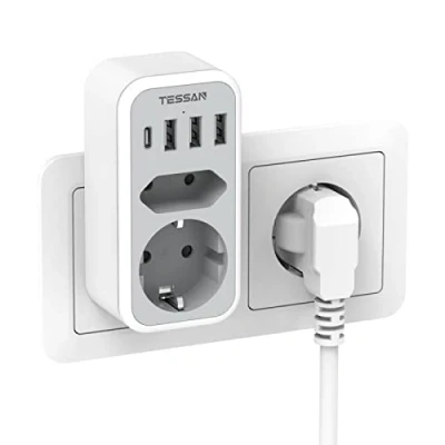 Afbeelding van TESSAN Dubbele Stekkeradapter voor Stopcontact, Stekker Stopcontact USB C, Stekkerdoosadapter 2 voudig met 4 Netstekker, Meervoudige en C Adapter, Grijs