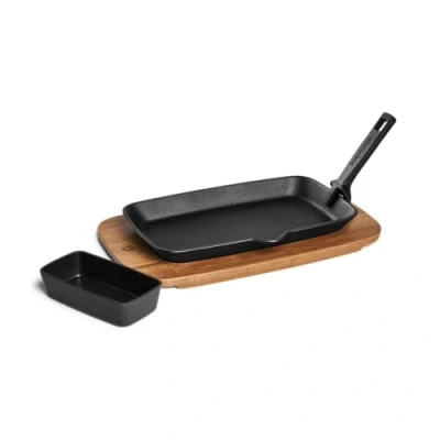 Afbeelding van Burnhard Gietijzeren Fajita Pan, Acaciahout Serveerplank &amp; Dipschaal 28,8 x 17,5 3 cm, Grillpan met afneembare handgreep