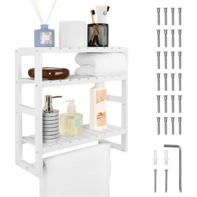 Afbeelding van Belle Vous 3 Laags Wit Zwevende Planken 42 cm Lange Decoratieve Opslag Set Rustieke Muur Gemonteerde Houten Plank met Handdoek Beugel voor Badkamer, Woonkamer, Slaapkamer en Keuken