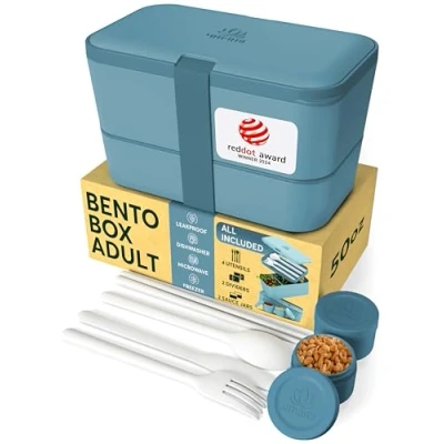 Afbeelding van Umami Grote Bento Box Volwassen Lunchbox Ruimtebesparend Nestable Design met 4 gebruiksvoorwerpen, 2 sauspotten, veelzijdige, lekvrije lunchbox, magnetronbestendig, vaatwasmachinebestendig,
