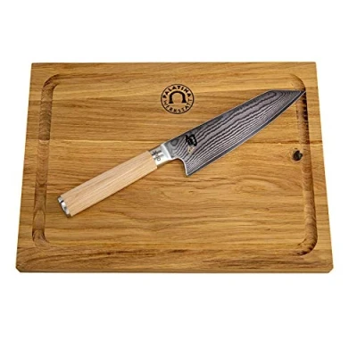 Afbeelding van Kai Shun mes, Classic White Kiritsuke, Japans koksmes, handgemaakte snijplank van eikenhout