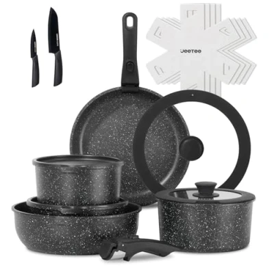 Afbeelding van JEETEE Potten en pannen Set Non Stick 17 stuks, Keuken Kookgerei Sets met Afneembare Handvat, Inductie Nonstick Verwijderbare Stapelbaar RV Kookgerei, Oven Veilig, PFOA vrij