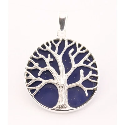 Afbeelding van Ronde zilveren hanger met levensboom op lapis lazuli