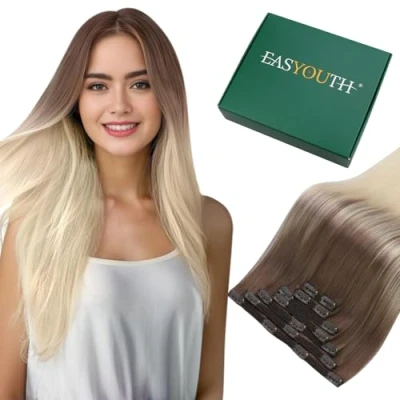 Afbeelding van Easyouth Remy Clip on Haar 40 cm Extensions Human Hair Real Lang Invisible Balayage 16 inch 80g Kleur 8/60 Asbruin Mix Platina Blond Hoogwaardig Ombre Mensenhaar