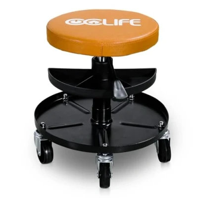 Afbeelding van CCLIFE Werkplaatskruk verstelbaar met wielen in de hoogte 2 legplanken 450 570 mm 150 kg Oranje