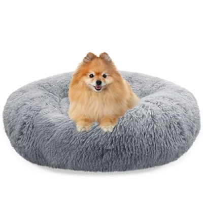 Afbeelding van BLUZELLE Hondenmand voor Kleine Honden &amp; Katten, 60cm Hondenbed Fluffy Rond Donut Kussen, Kattenmand Pluche Katten Zacht Wasbaar Antislip Afneembare Hoes, Kleur:Licht Grijs