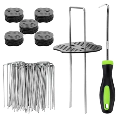 Afbeelding van Velway 50 Membraanharingen voor onkruidbestrijding + bufferringen, 150 mm onkruidmatharingen, metalen tuinlandschap nietjes, kunstgrasspelden, bodembedekker, mossen stof, kunstmatige