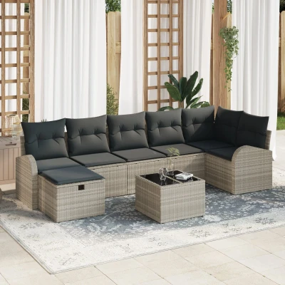 Afbeelding van vidaXL 8 Delige Tuin Sofa Set met Kussens Licht Grijs Poly Riet