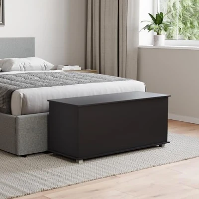 Afbeelding van Vida Designs Leon Opbergpoef, houten kist met deksel, zitting, kruk, raambank, dekens, beddengoed, speelgoedkist, voetenbank, zwart