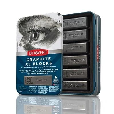 Afbeelding van Derwent Graphite XL Blocks, Blik van 6 Waskrijtjes, 60mm, Extra Grote Krijtjes, Wateroplosbaar, Ideaal voor Schetsen, Tekenen en Expressieve Vlekken, Professionele Kwaliteit, 2306195