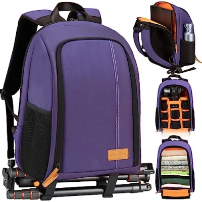 Afbeelding van TARION Rugzak voor DSLR camera, waterdicht, licht en compact, met 15 inch laptopvak regenhoes, paars