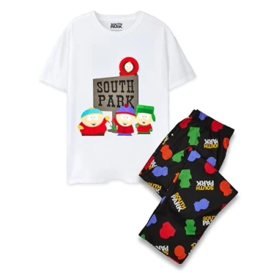 Afbeelding van South Park Pyjama Set voor heren Volwassenen klassieke karakter komedie witte korte mouw grafische Tee &amp; zwart All Over Print lange been bodems pyjama&#039;s Cartman Kenny Stan Kyle grappige