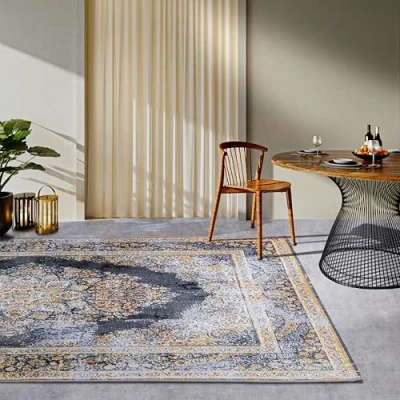 Afbeelding van Villeroy &amp; Boch Martha Vloerkleed voor binnen en buiten, Oosters, plat weefsel, klassiek design, vintage, Öko Tex weerbestendig uv bestendig, balkon, terras, tuin, antraciet goud, 120 x 180 cm