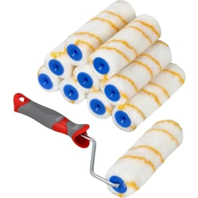 Afbeelding van KOTARBAU® Set van 10 verfrollers met gele draad, 150 mm rubberen handgreep, penseel, verfroller, rollerkwast voor verfwerkzaamheden en renovatie