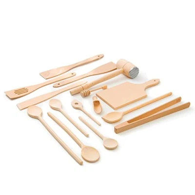 Afbeelding van Tuuli Kitchen 15 delige Keukengereedschapset Beukenhout (6x Houten Lepels 18 cm 35 Lengte, 4x Spatel, Honinglepel, Grilltang, Snijplank, Vleeshamer, Kruidenlepel)