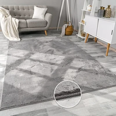 Afbeelding van Paco Home Woonkamer Tapijt Kunstbont Zacht Wasbaar Modern Elegant Makkelijk te Onderhouden Effect Bont Uni Glanzend Fluffy Kortpolig, Maat:60x90 cm, Kleur:Antraciet