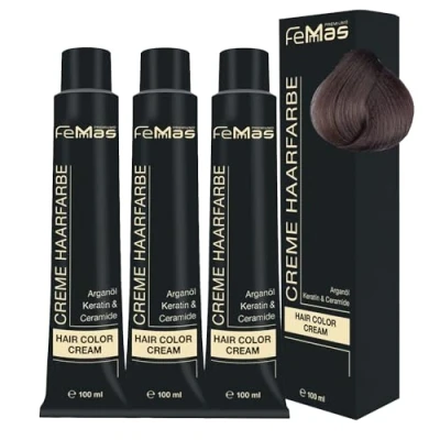 Afbeelding van FemMas Haarverf, 3 x middenblond, as 7.1, professionele crème haarverf met arganolie, keratine en ceramiden, als duurzame haarkleuring of tint voor stralende, kleurresultaten, 100 ml