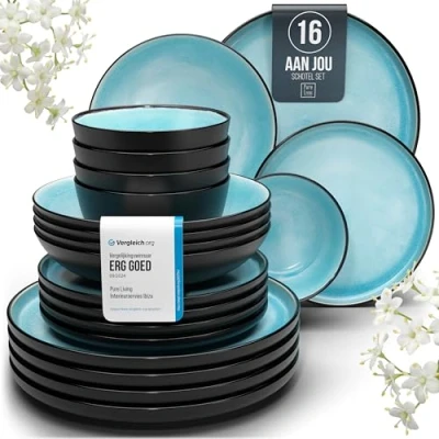Afbeelding van Serviesset van Aardewerk voor 4 Personen Ibiza 16 delig Mediterraans Servies, Vaatwasser , Magnetron en Krasbestendig Pure Living Servies Aquamarin