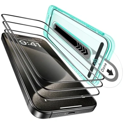 Afbeelding van ESR iPhone 15 Pro Max pantserglas, set van 3 stuks met 1 individuele camerabeschermers, extreem robuust gehard glas, frame voor eenvoudige installatie,