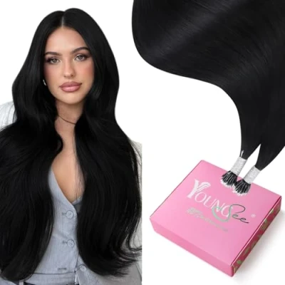 Afbeelding van YoungSee Nanoring haarextensies, van echt haar, zwart, 40 cm, steil, nano kralen, Remy, 50 g, #1