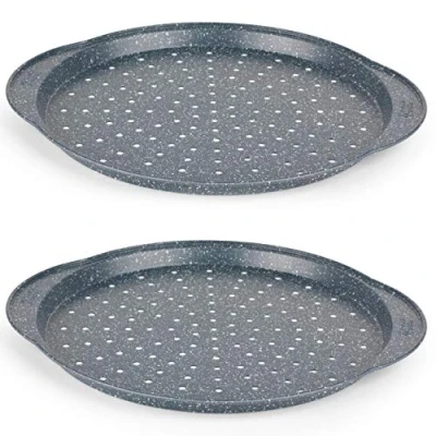 Afbeelding van Russell Hobbs COMBO 5447 set van 2 Pizza Pan ronde geperforeerde non stick bakplaat, 37 cm, PFOA vrij, perfect voor het koken hele gezin, knoflookbrood en meer, koolstofstaal blauw marmer, Nightfall Stone