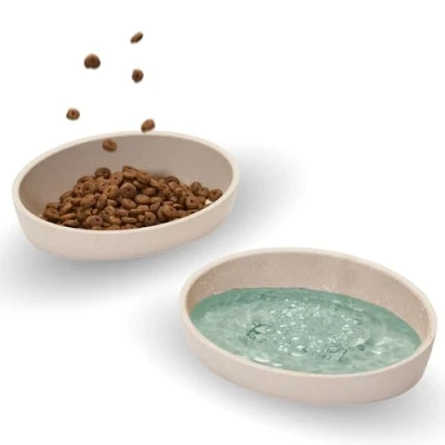Afbeelding van PiuPet® Kattenbak set van 2 I Kattenvoerbak anti slip Kittenset vaatwasmachinebestendig plat en breed Bamboe voerbak 16x11.5x4.5cm Beige/Grijs