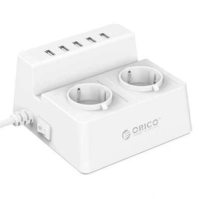 Afbeelding van Orico Stekkerdoos met 2 Stopcontacten en 5 USB Laadpoorten Tablet/Smartphone Standaard 2500W Incl. aan/uit schakelaar overspanningsbeveiliging Wit
