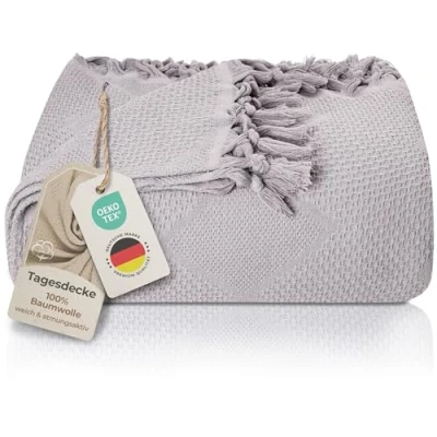 Afbeelding van LAYNENBURG Premium Sprei met handgeknoopte franjes 100% katoen 150 x 220 cm Wafelpiqué Zomerdeken Katoenen Deken als Beddeken, Bankstel &amp; Bank (Grijs)