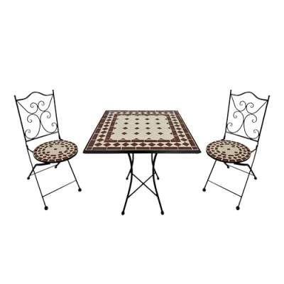 Afbeelding van AXI Camilla 3 delige Mozaïek Bistroset Rood/Wit Metalen frame met keramische tegel Balkonset 2 stoelen en tafel