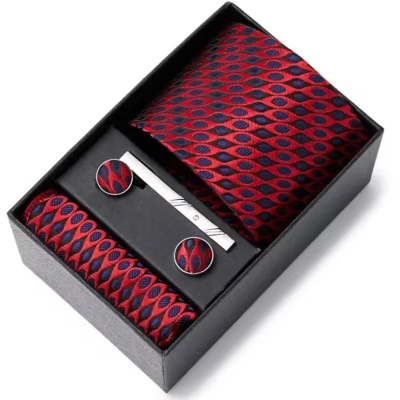 Afbeelding van Actie4you® Luxe Stropdas Set Met Manchetknopen en Pochet Dasspeld Geschenkdoos 4 Delig Rood Rondjes