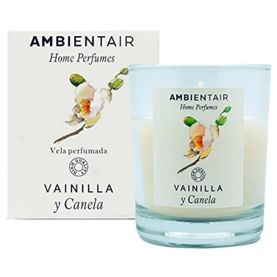 Afbeelding van Ambientair Home Parfum geurkaars, vanille en kaneel, luchtverfrisser voor geurkaars thuis, aromatherapie, kaars in glas, binnen, brandduur 30 uur.